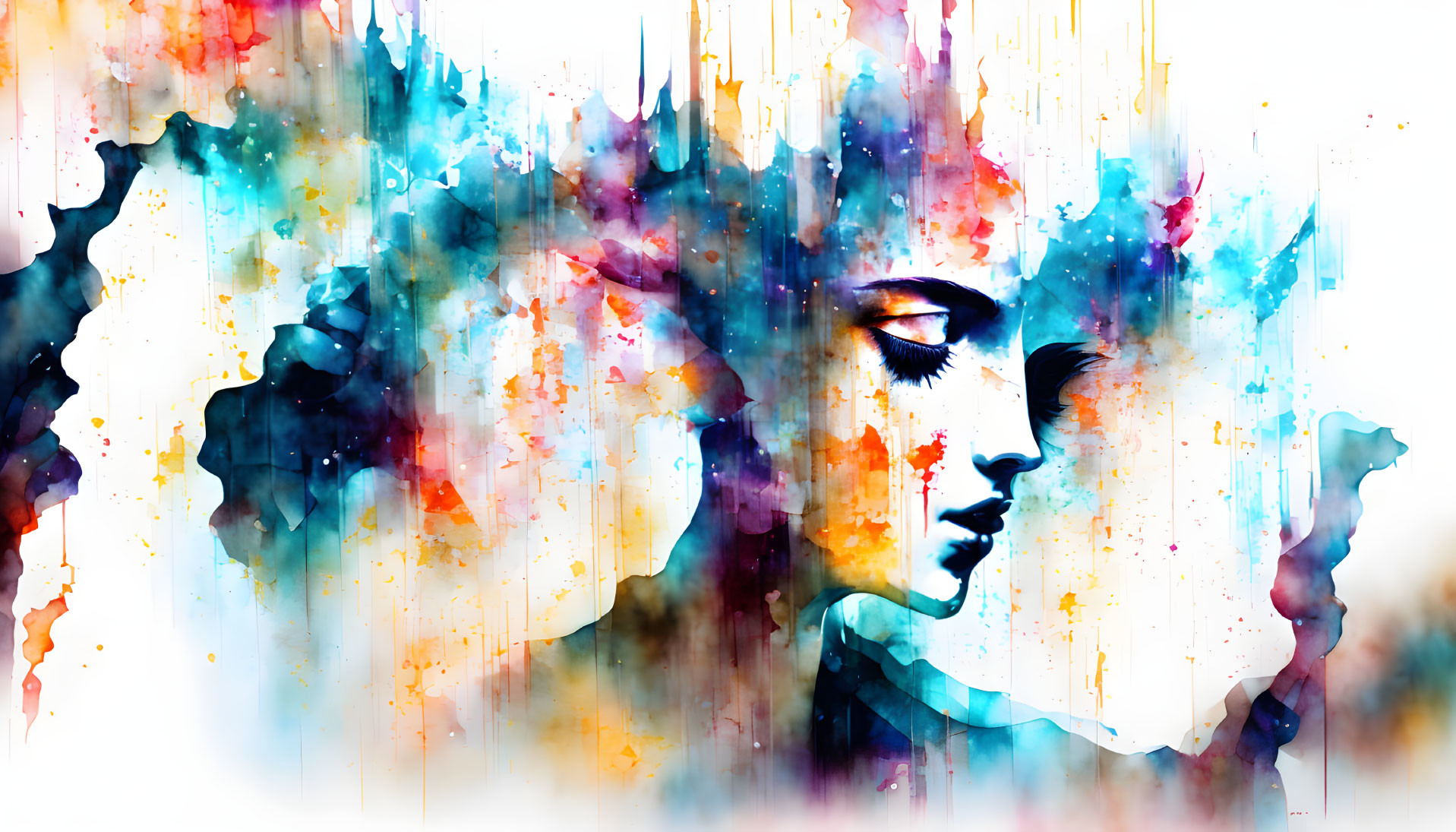 Vibrant Abstract Watercolor Painting of Stylized Face