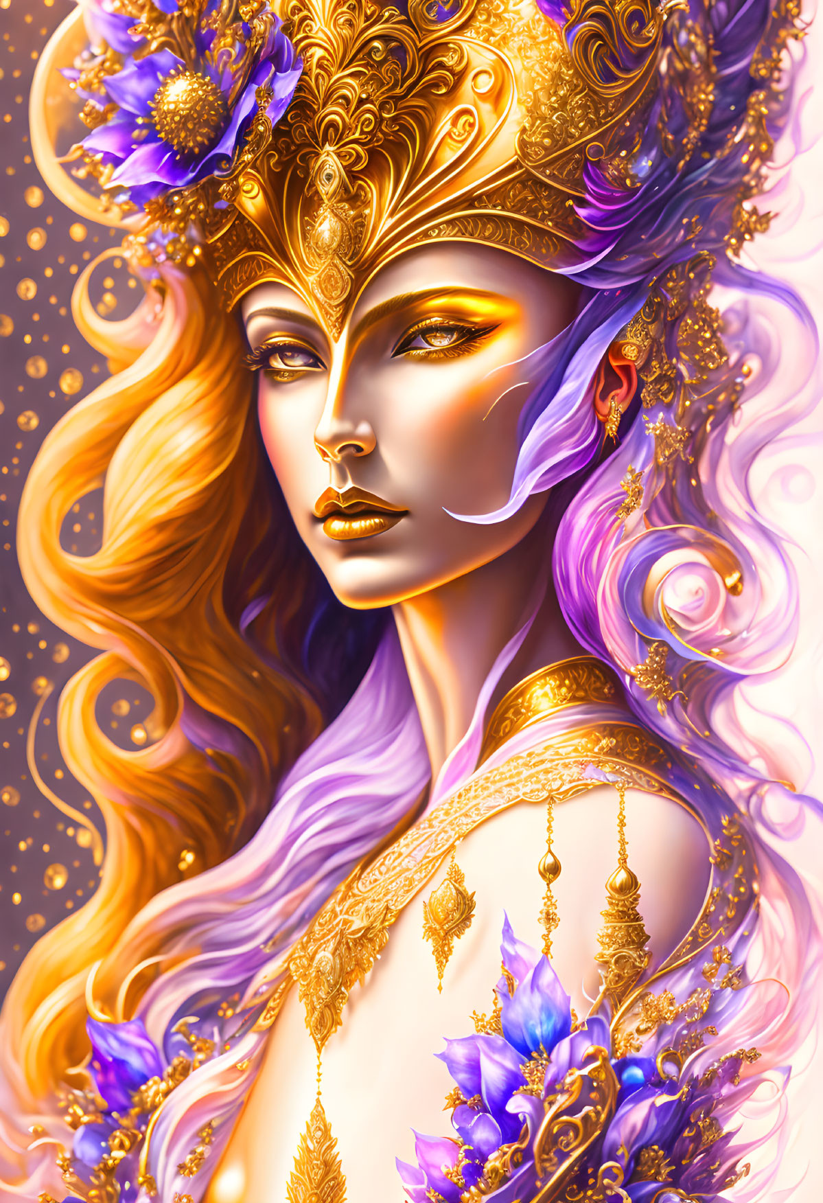 Regal figure with golden crown, purple florals, and flowing hair