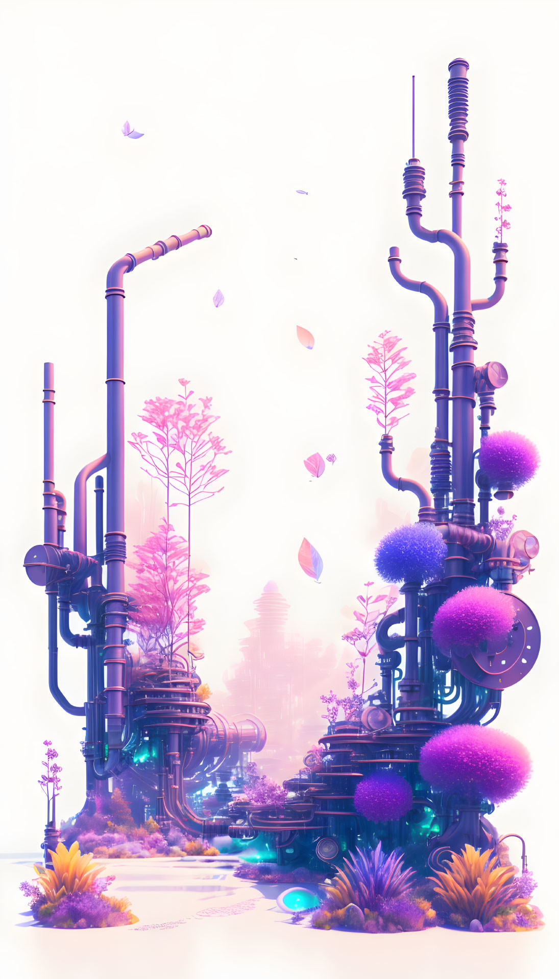 Whimsical pastel illustration of industrial landscape