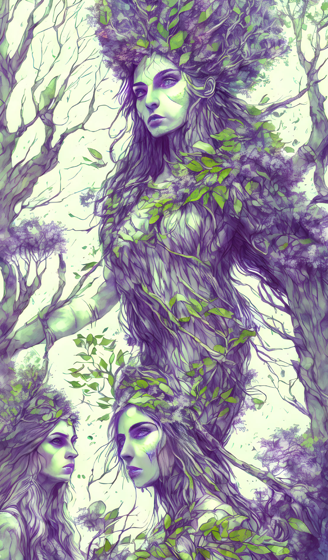 Ethereal woman illustration with branches and leaves, surrounded by purple foliage