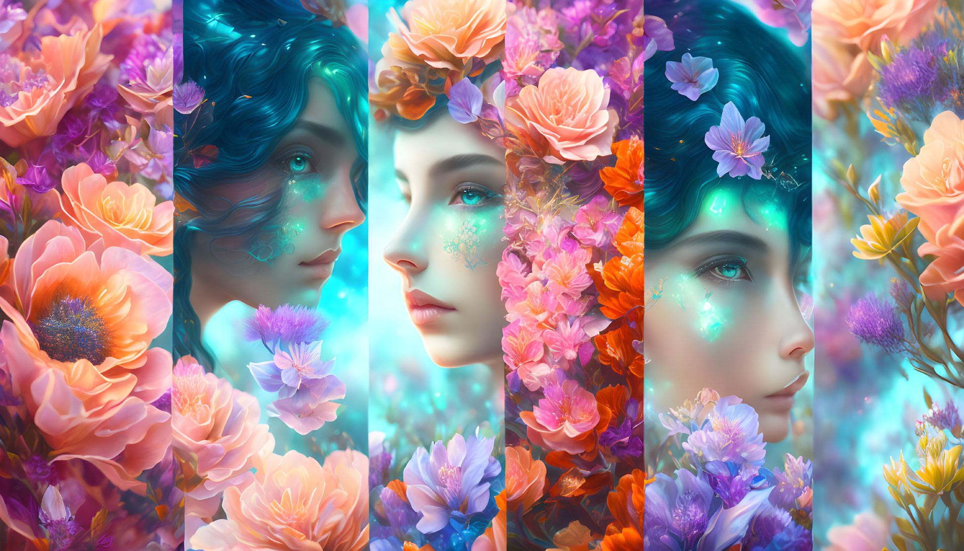 Triptych of Female Figure with Blue Hair and Floral Elements