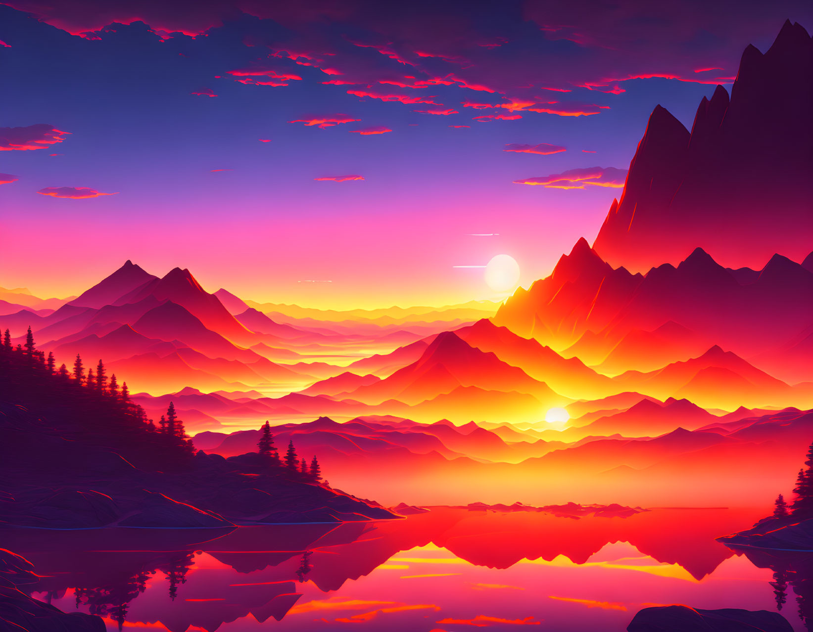 Colorful digital artwork: Mountain landscape at sunset with purple, pink, and orange hues.