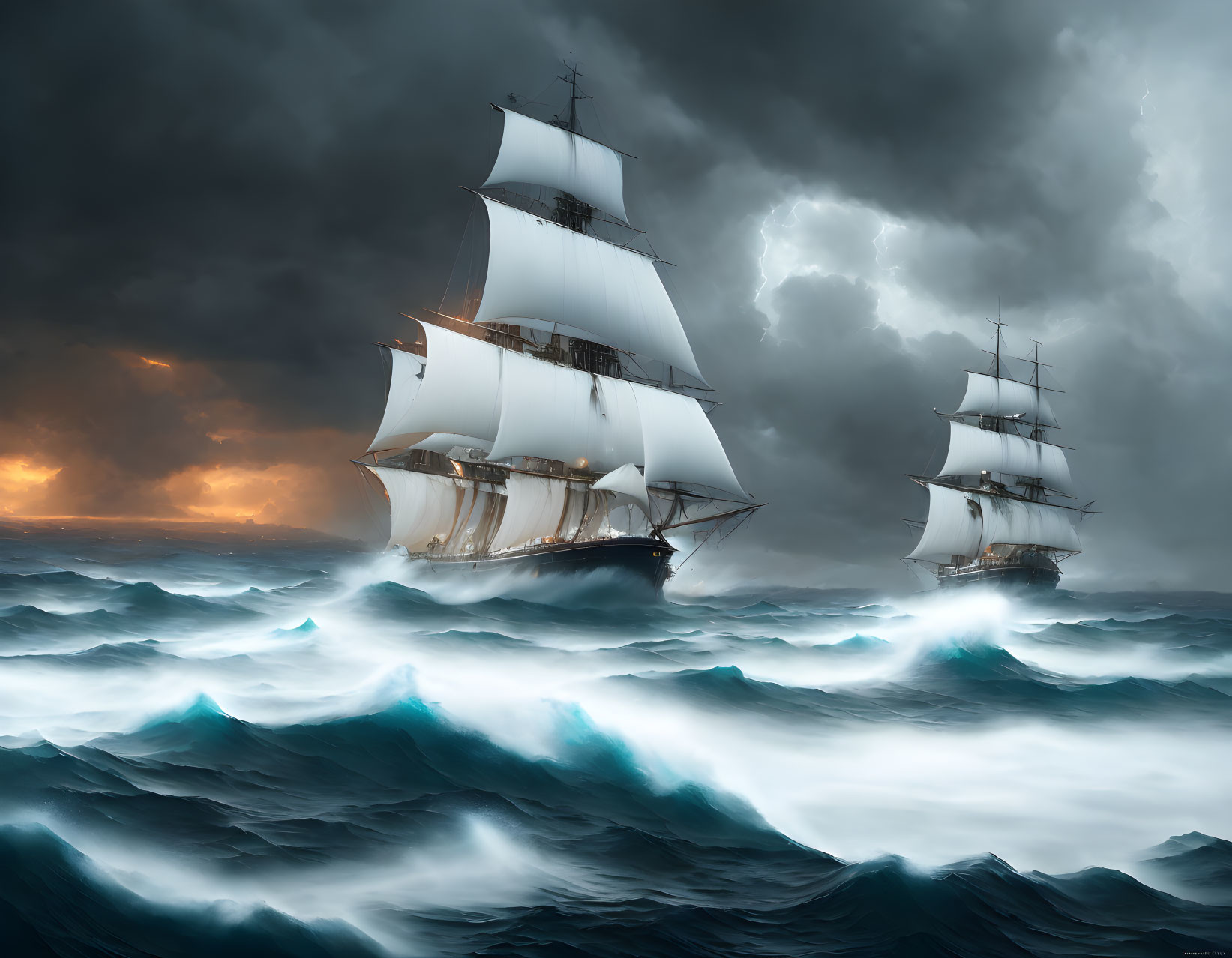 Sailing ships in turbulent seas under fiery stormy sky