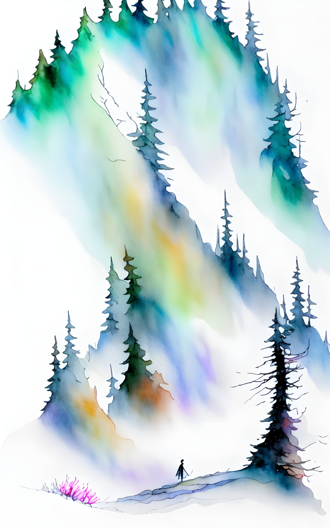 Person in Snowy Landscape with Colorful Pine Trees and Abstract Mountains