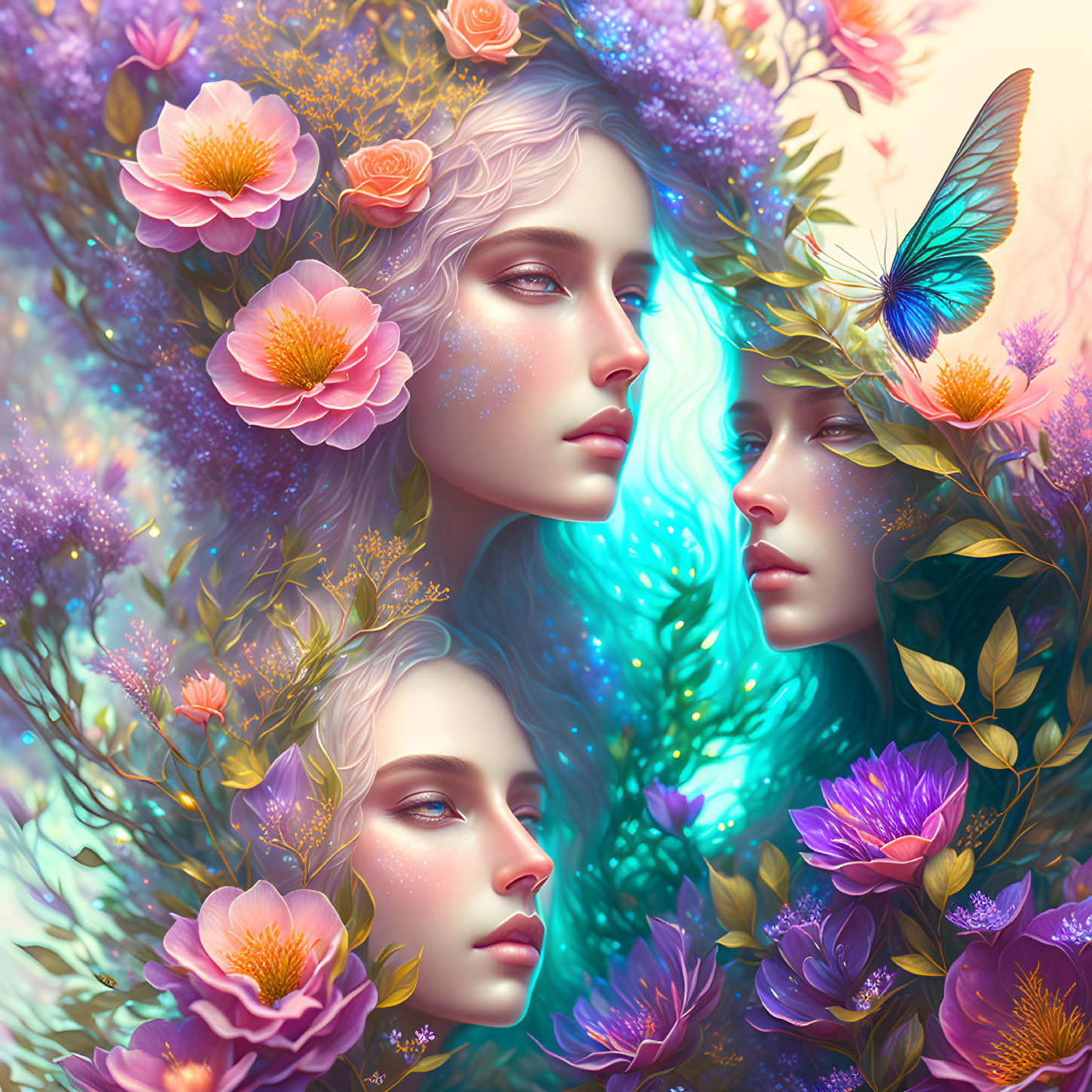 Ethereal women in fantasy illustration with flowers and butterflies