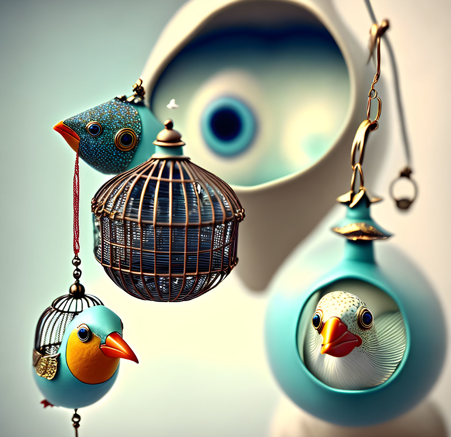 Surreal bird-like figures with mechanical elements and a large eye in the background.