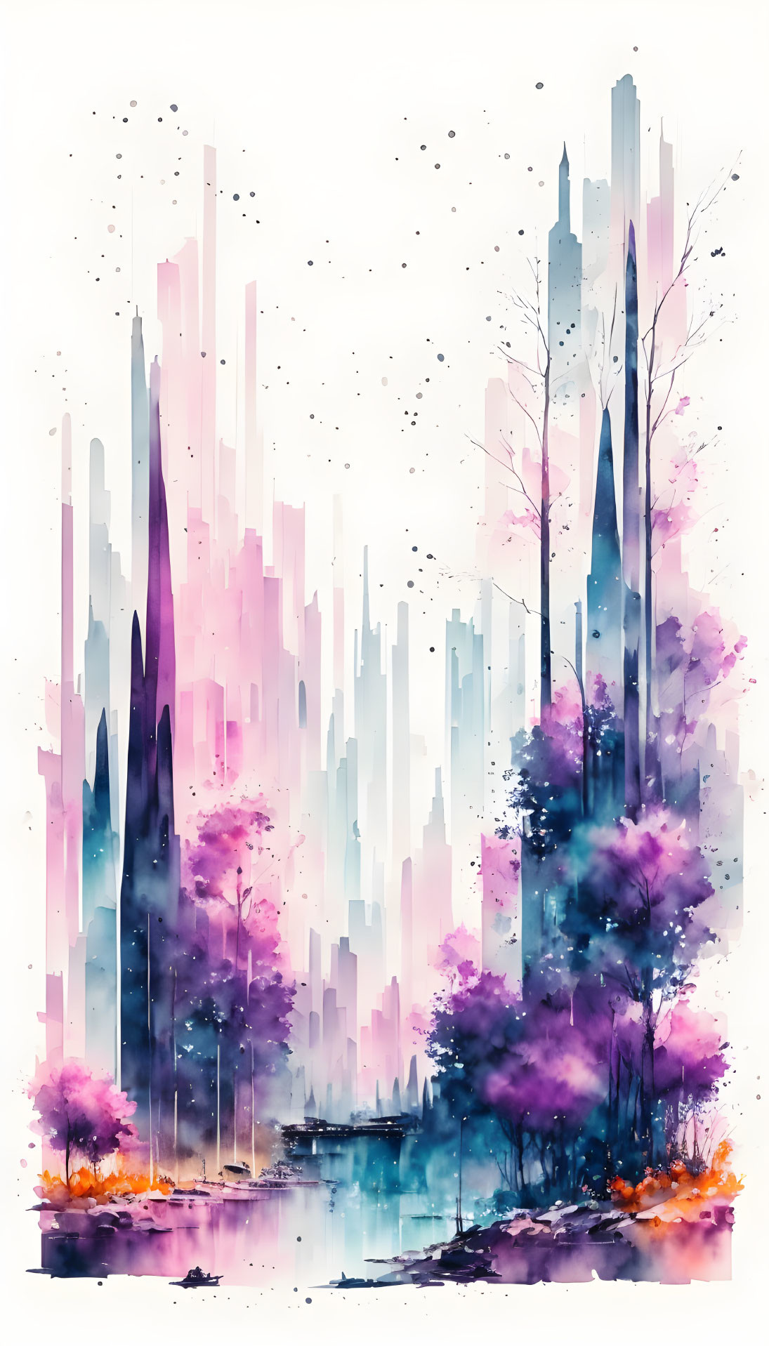 Whimsical cityscape merged with forest in vibrant watercolor