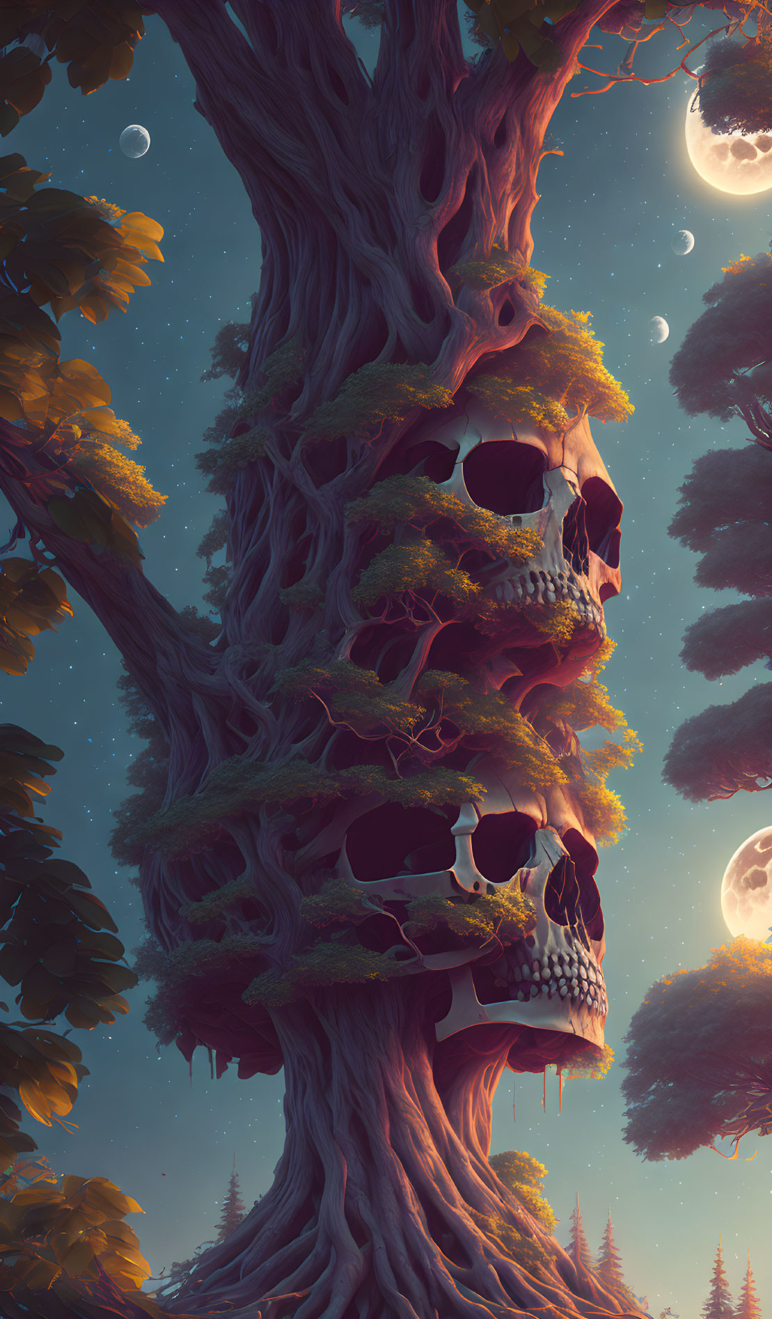 Surreal image of tree with skull-like sections in mystical forest