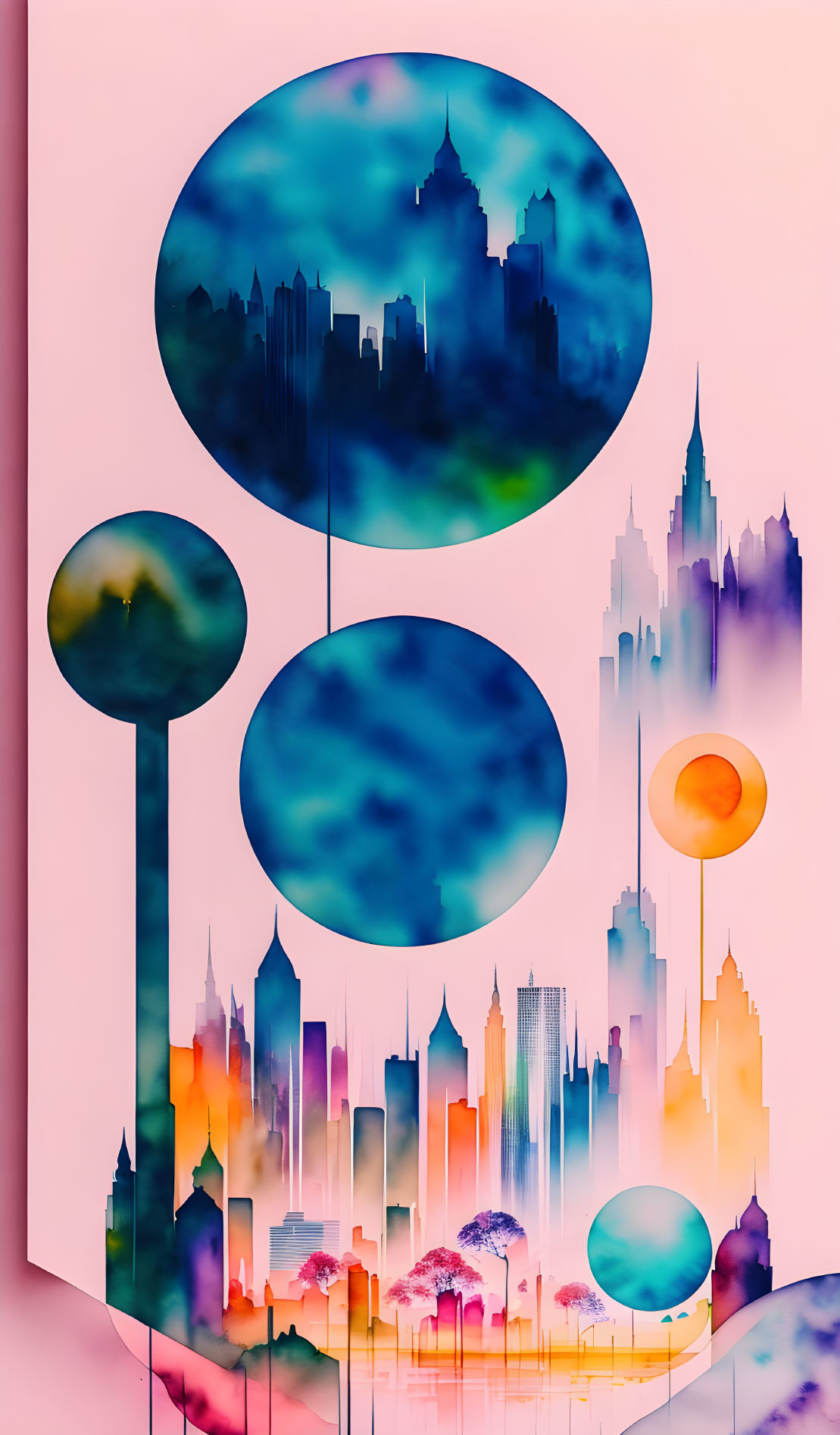 Circular Abstract Artwork: Silhouette Cityscapes in Gradient Pink-Orange Background