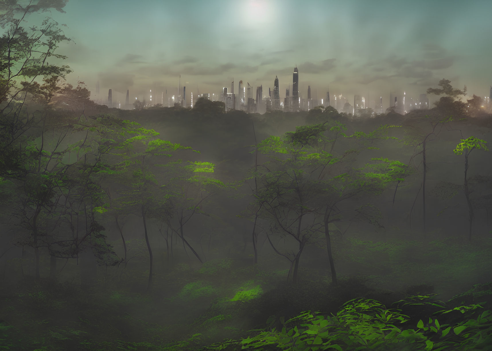 Lush Green Forest with Futuristic Cityscape at Dusk