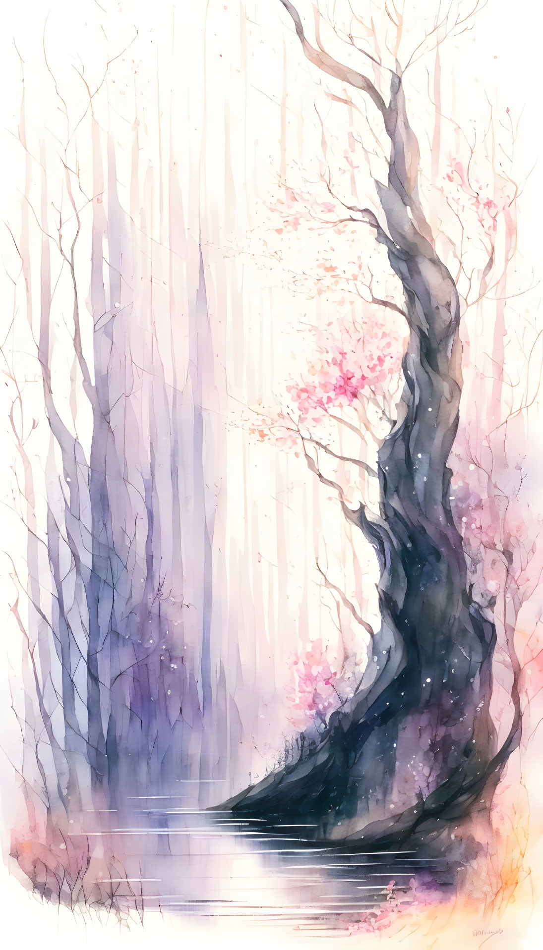 Whimsical forest watercolor with twisting tree and pink blossoms