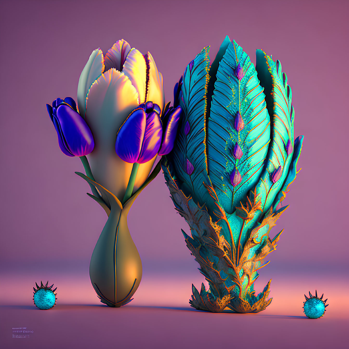 Iridescent digital sculptures of flowering plants on purple background