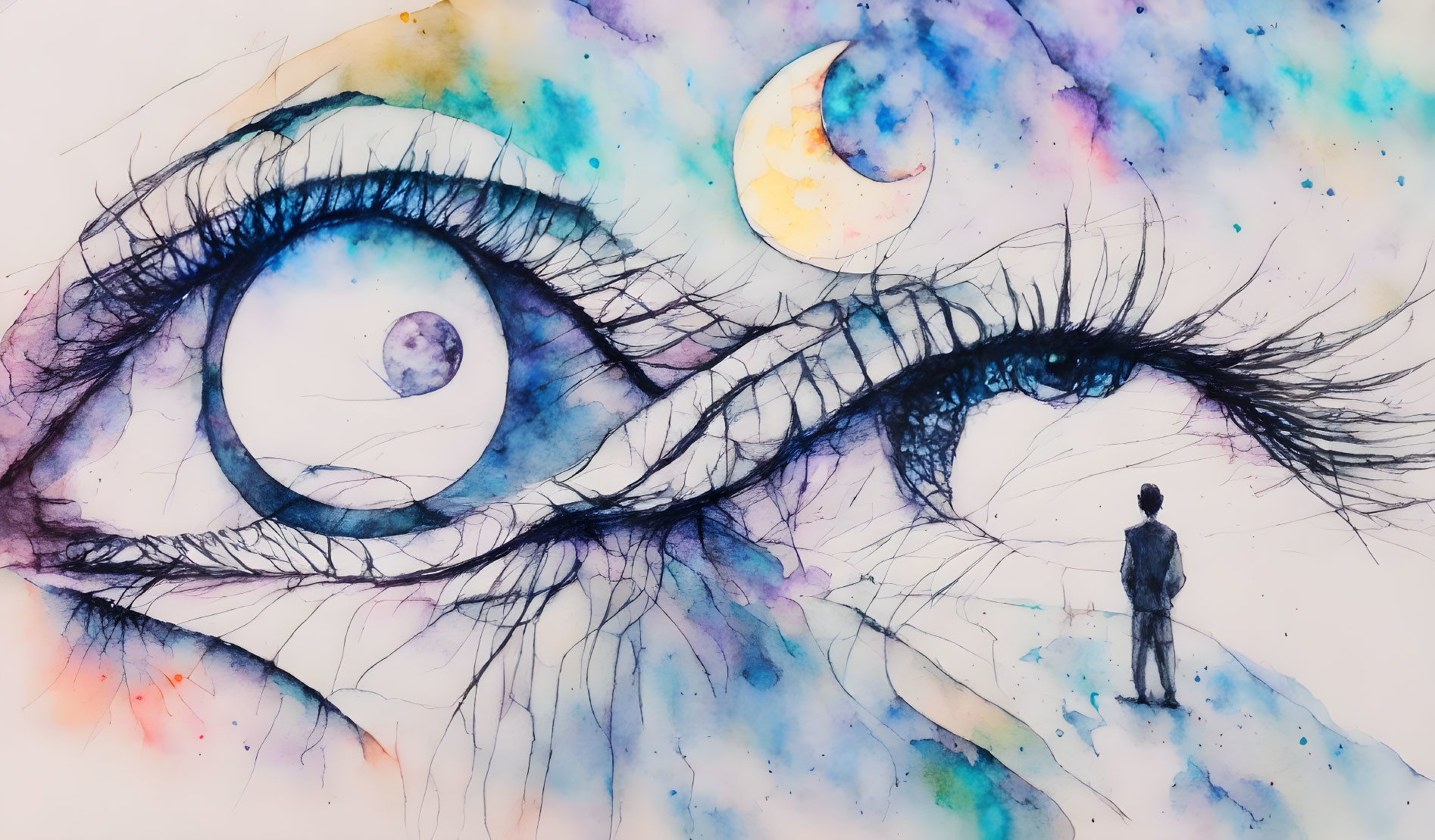 Close-up watercolor painting of celestial eyes with moon and planet reflection.