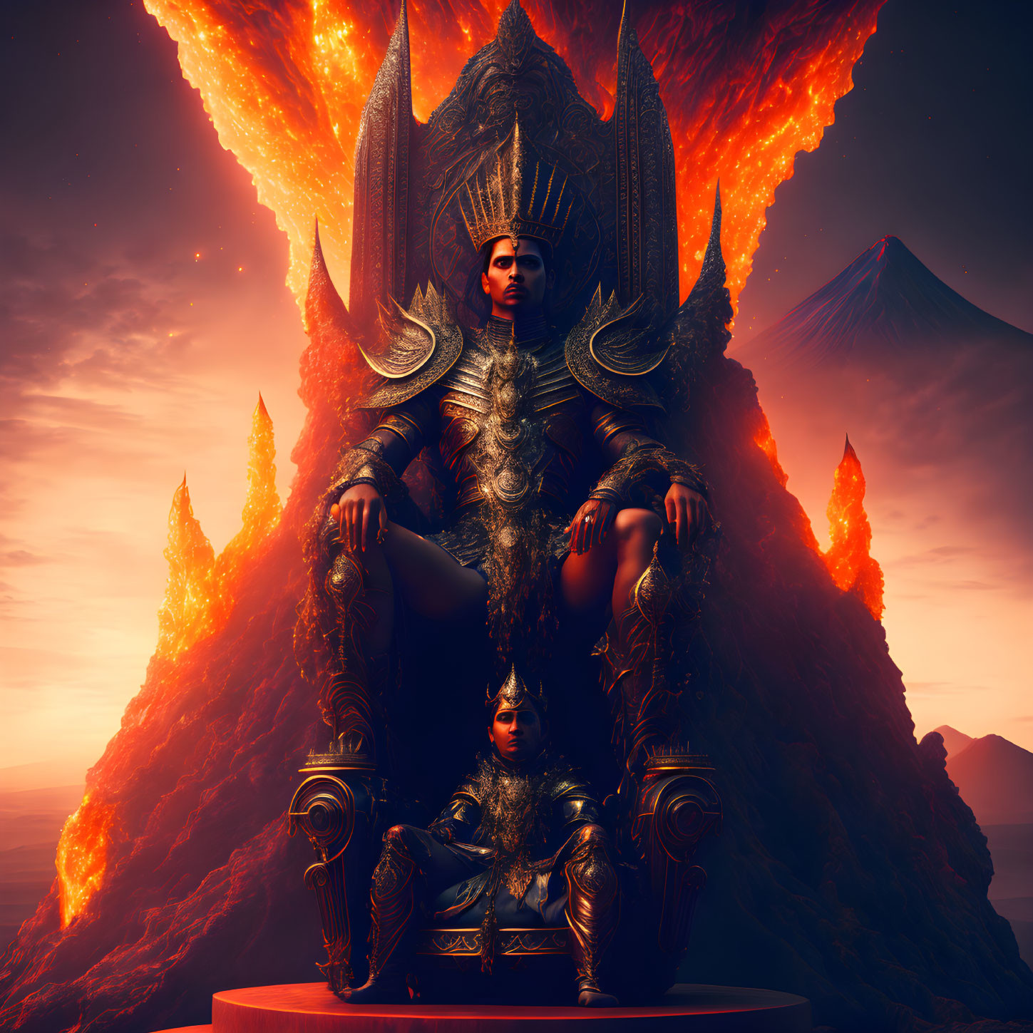 Regal figure in ornate armor on throne in volcanic landscape