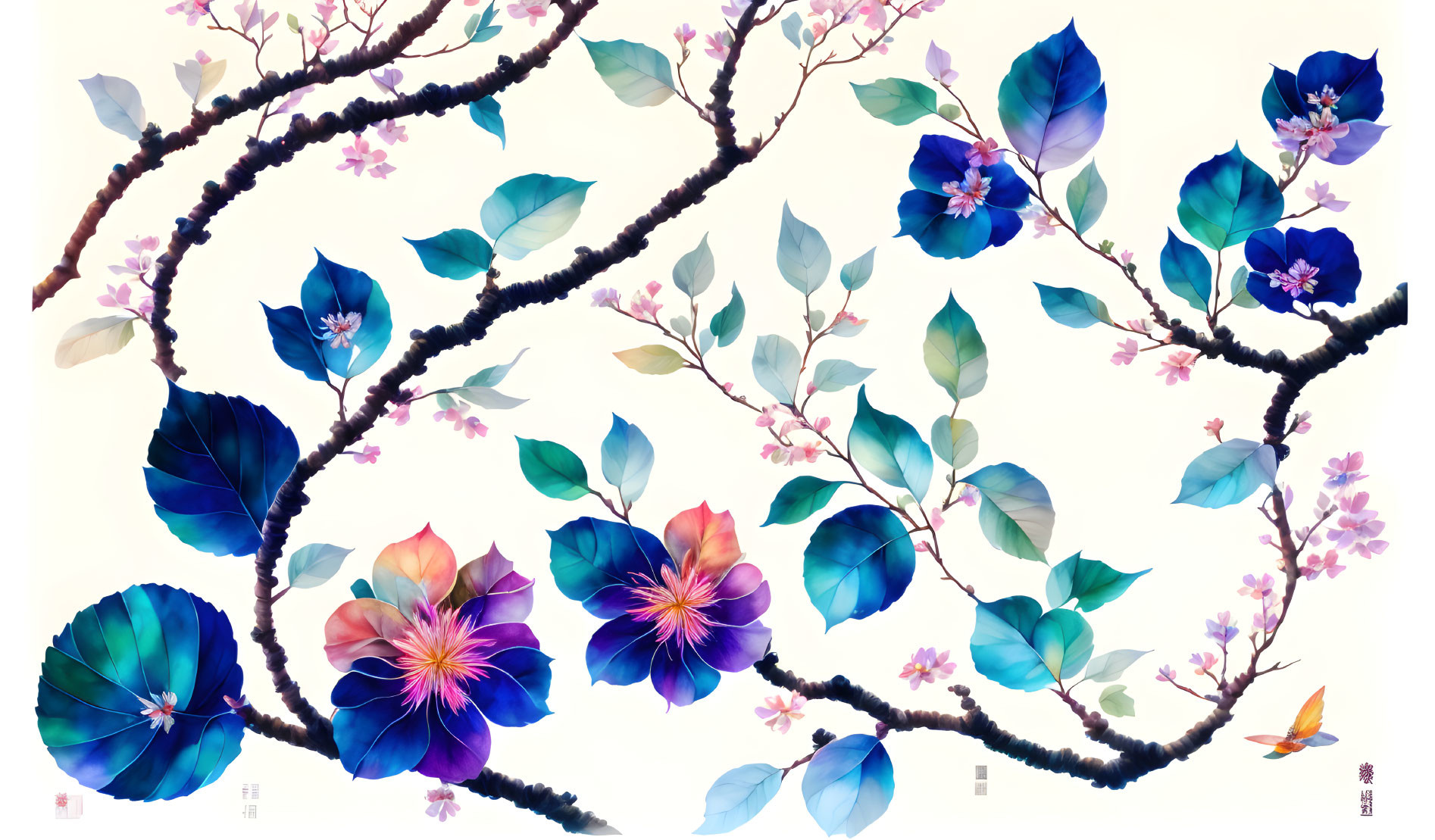 Colorful Floral Painting with Cherry Blossoms on Dark Branches