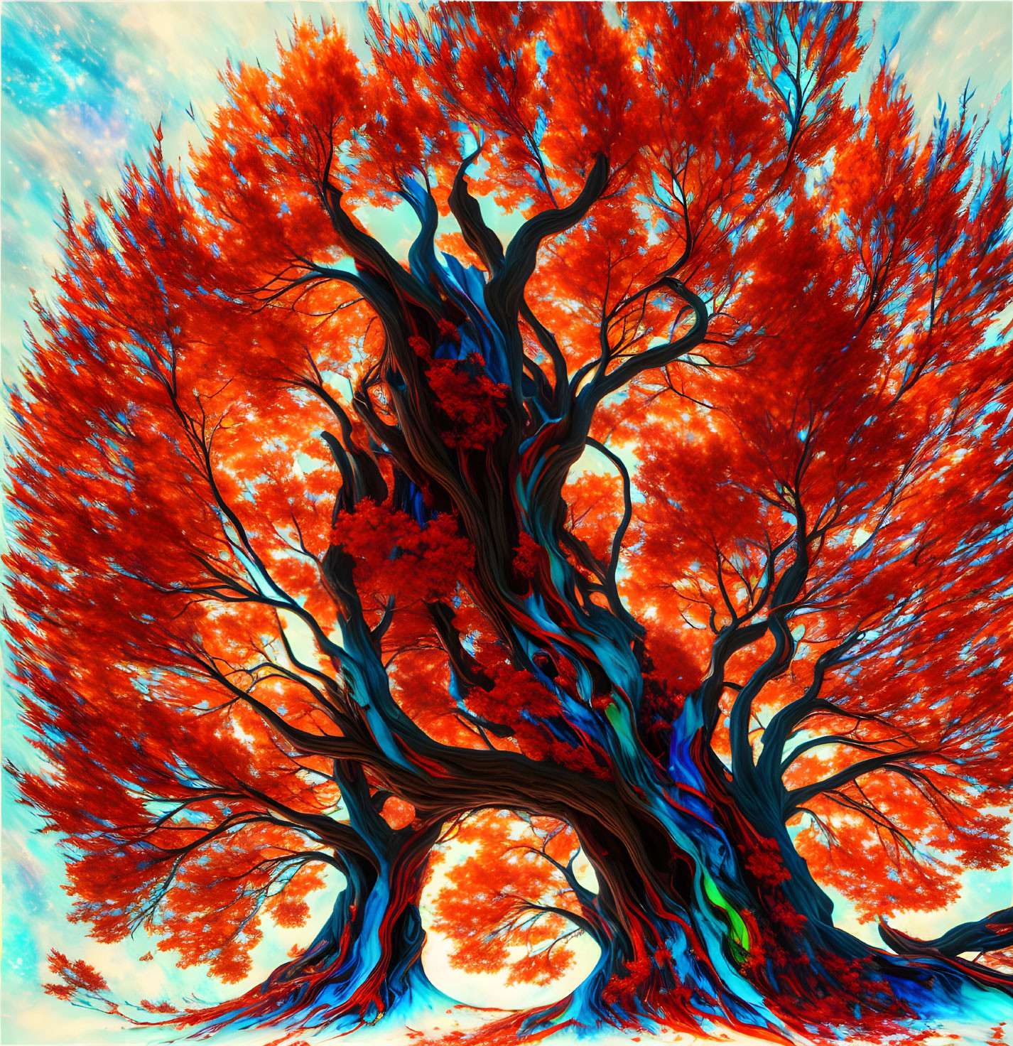 Vibrant artistic tree with fiery red leaves against bright blue sky