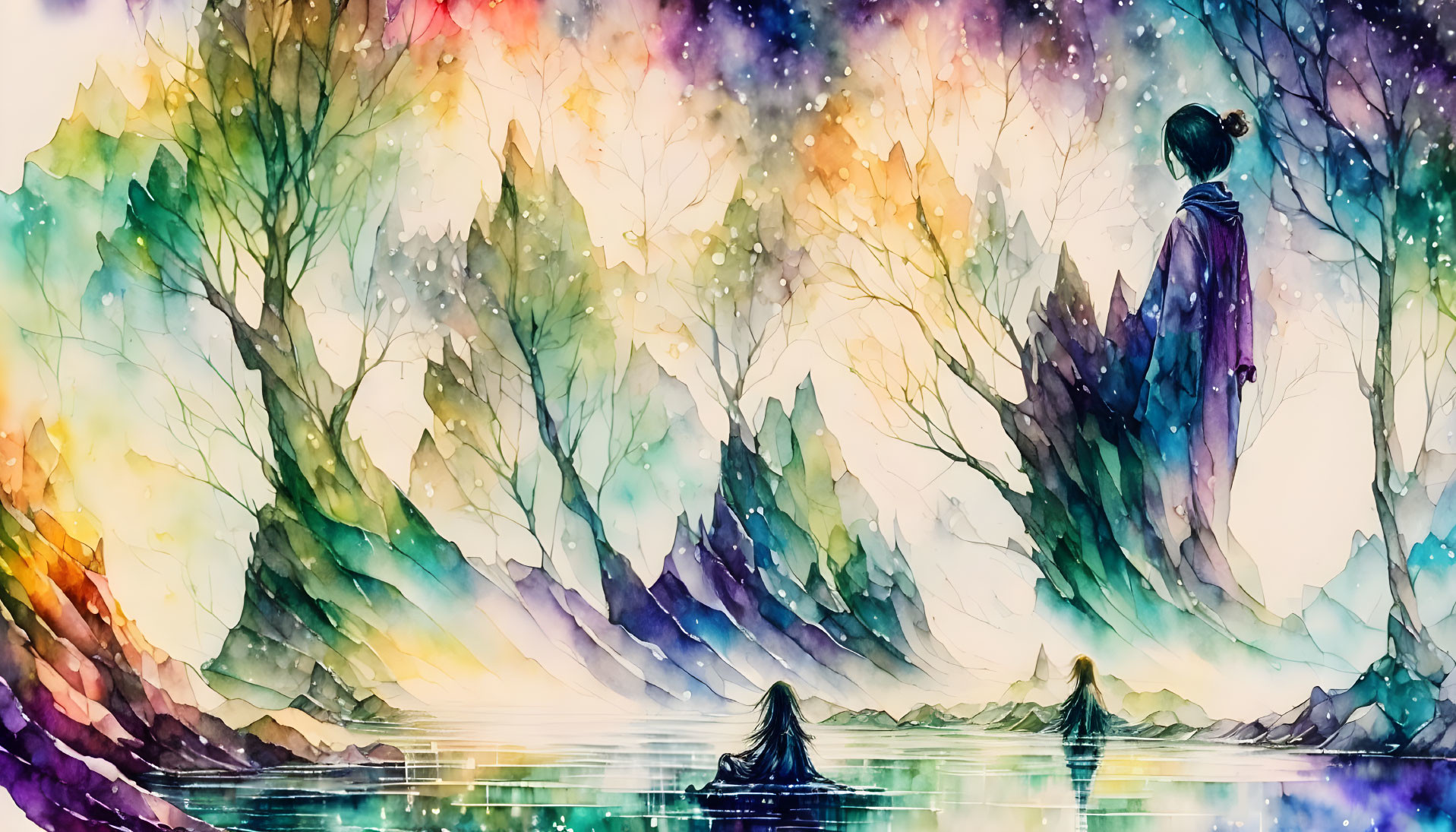 Vibrant watercolor illustration of person in mystical forest landscape