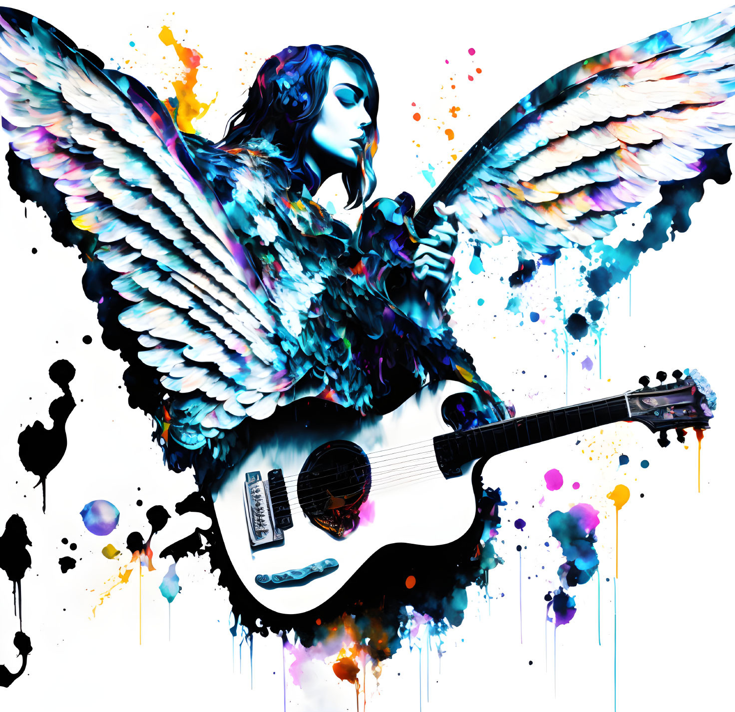 Colorful angelic figure with guitar in dynamic paint splashes