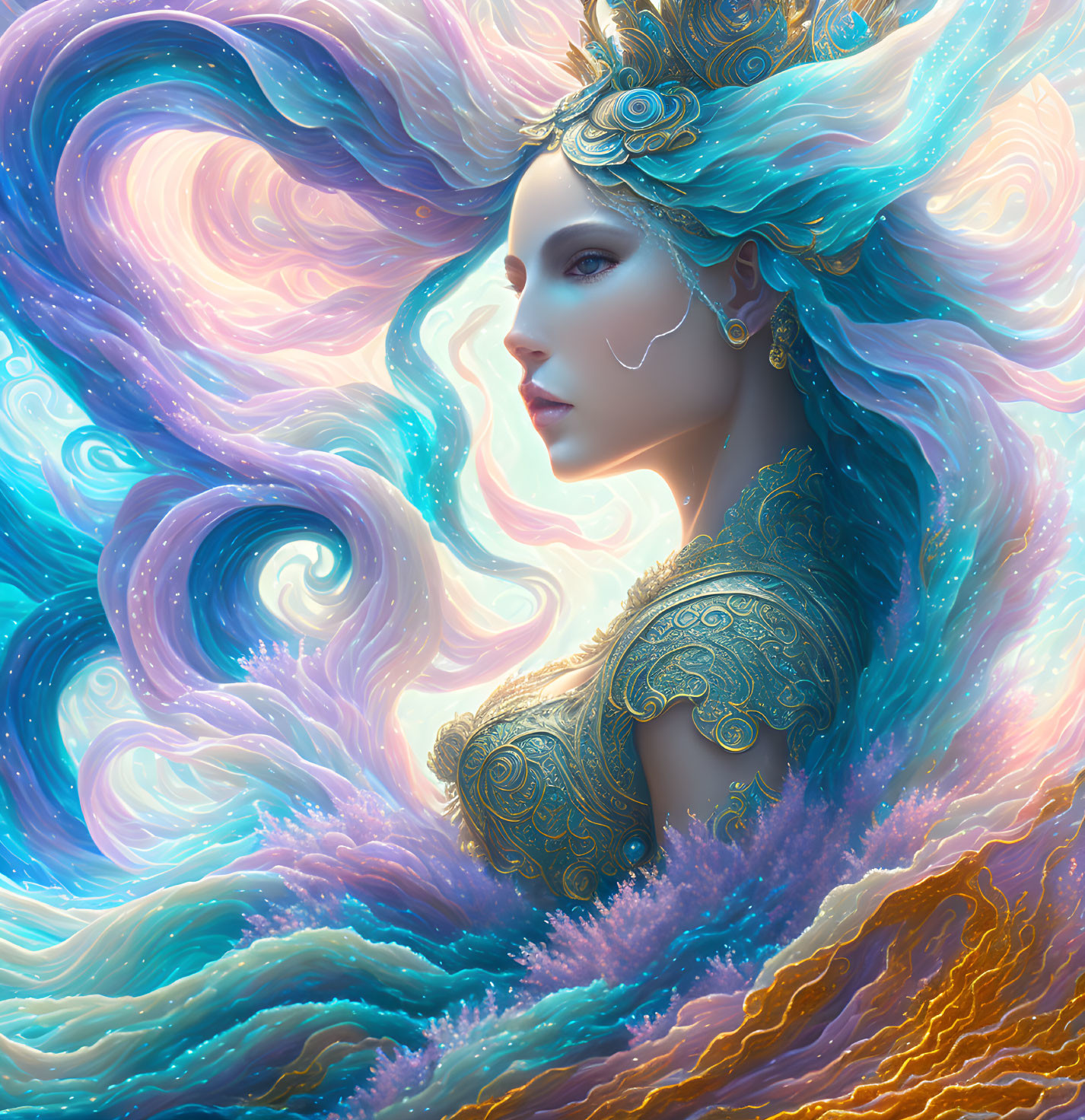 Colorful illustration of woman with flowing hair and ornate headdress in pastel hues