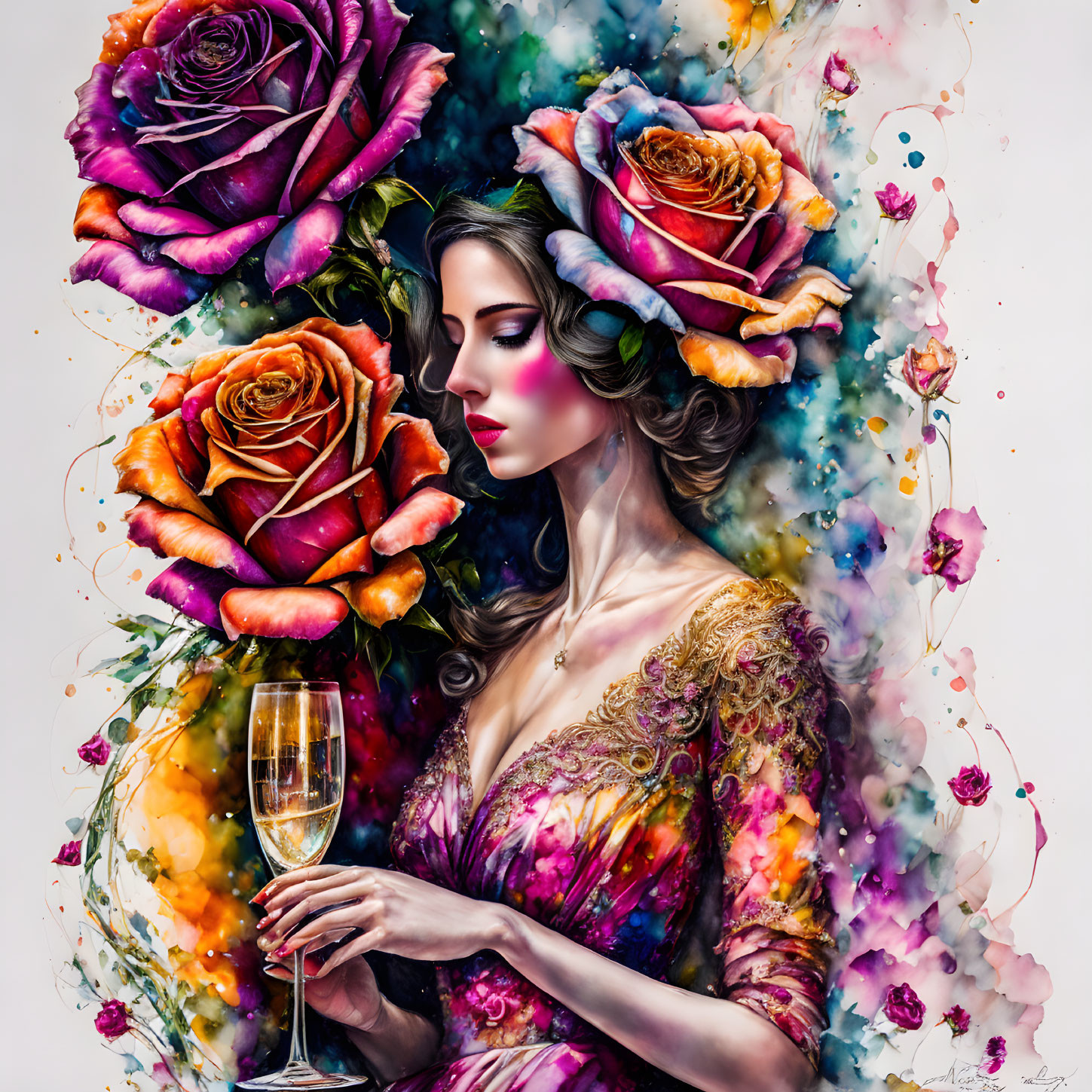 Colorful Dress Woman with Champagne Glass Surrounded by Vibrant Roses