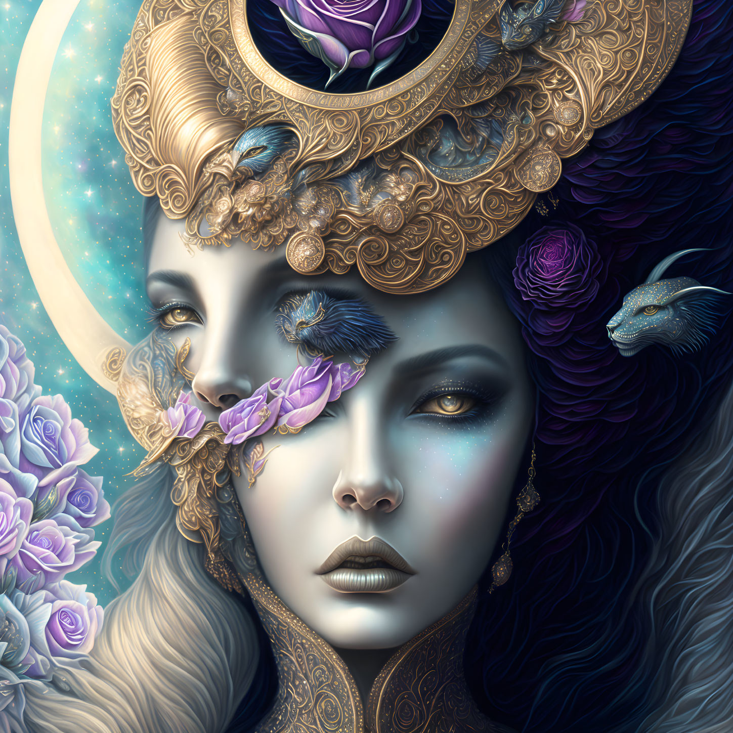 Surreal portrait of a woman with blue skin and ornate floral and celestial motifs