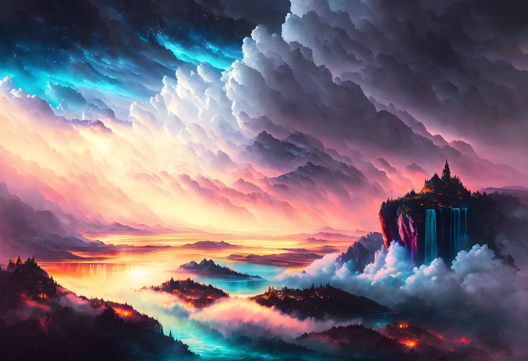 Fantasy landscape digital artwork with castle, waterfalls, sunset sky