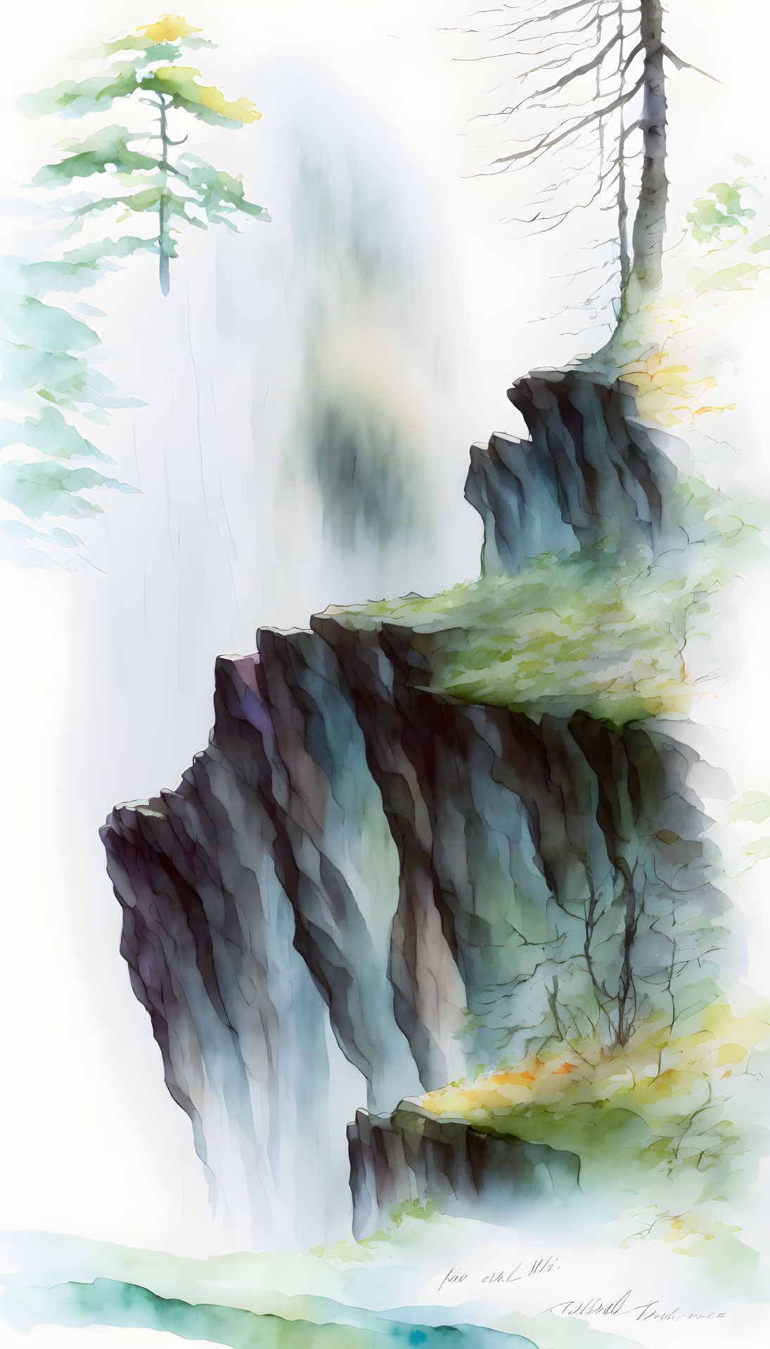 Cliff landscape watercolor with lush foliage and misty background