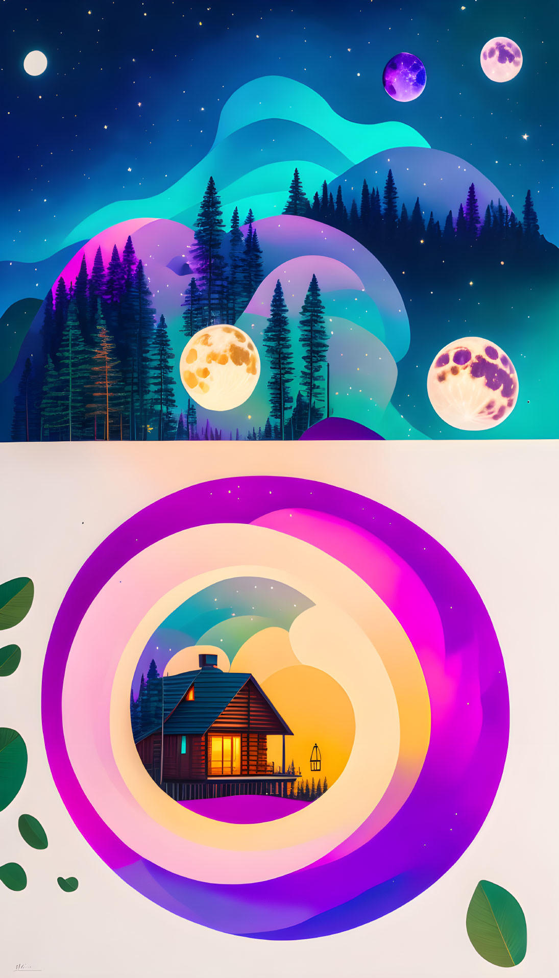 Colorful Digital Art: Northern Landscape with Moonlit Sky and Cozy House