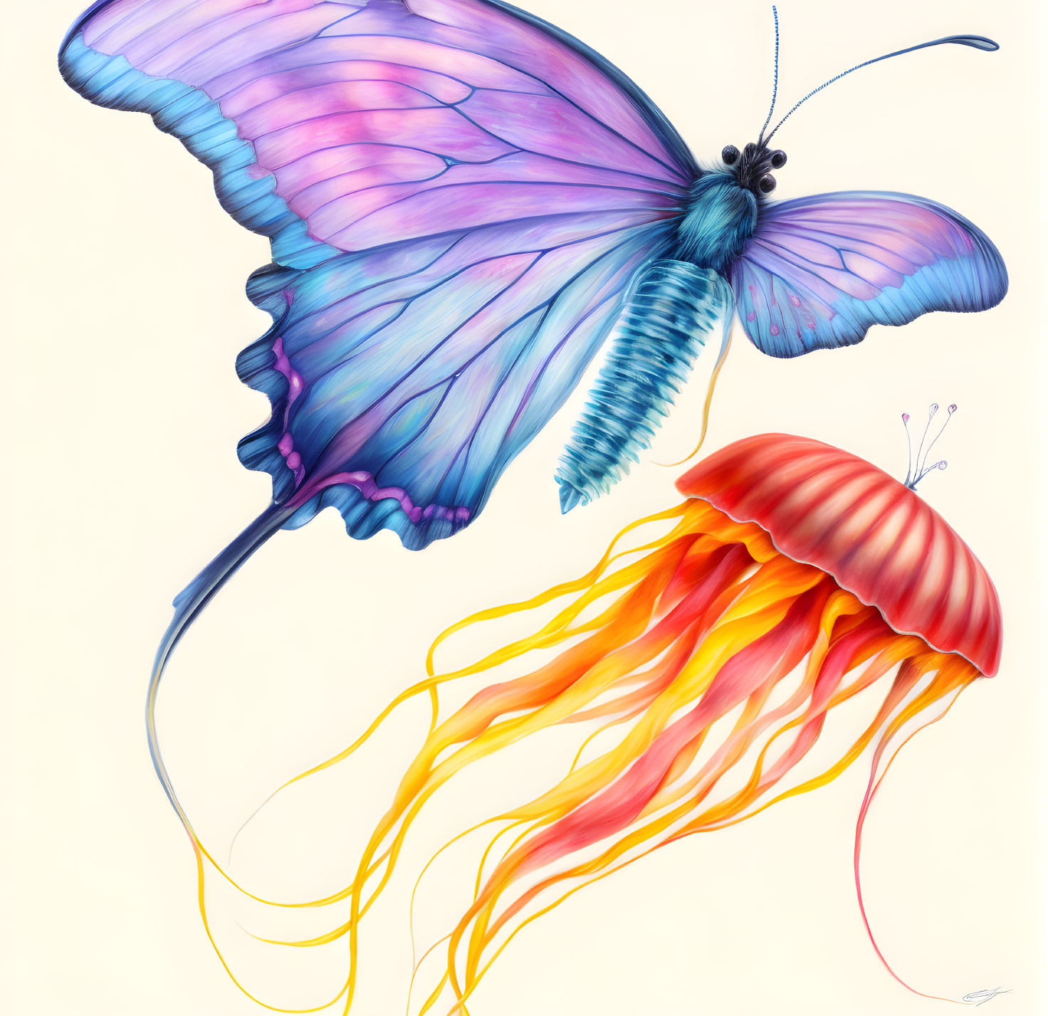 Colorful Butterfly and Jellyfish Artwork: Blue and Purple Wings Meet Red-Orange Bell and Yellow