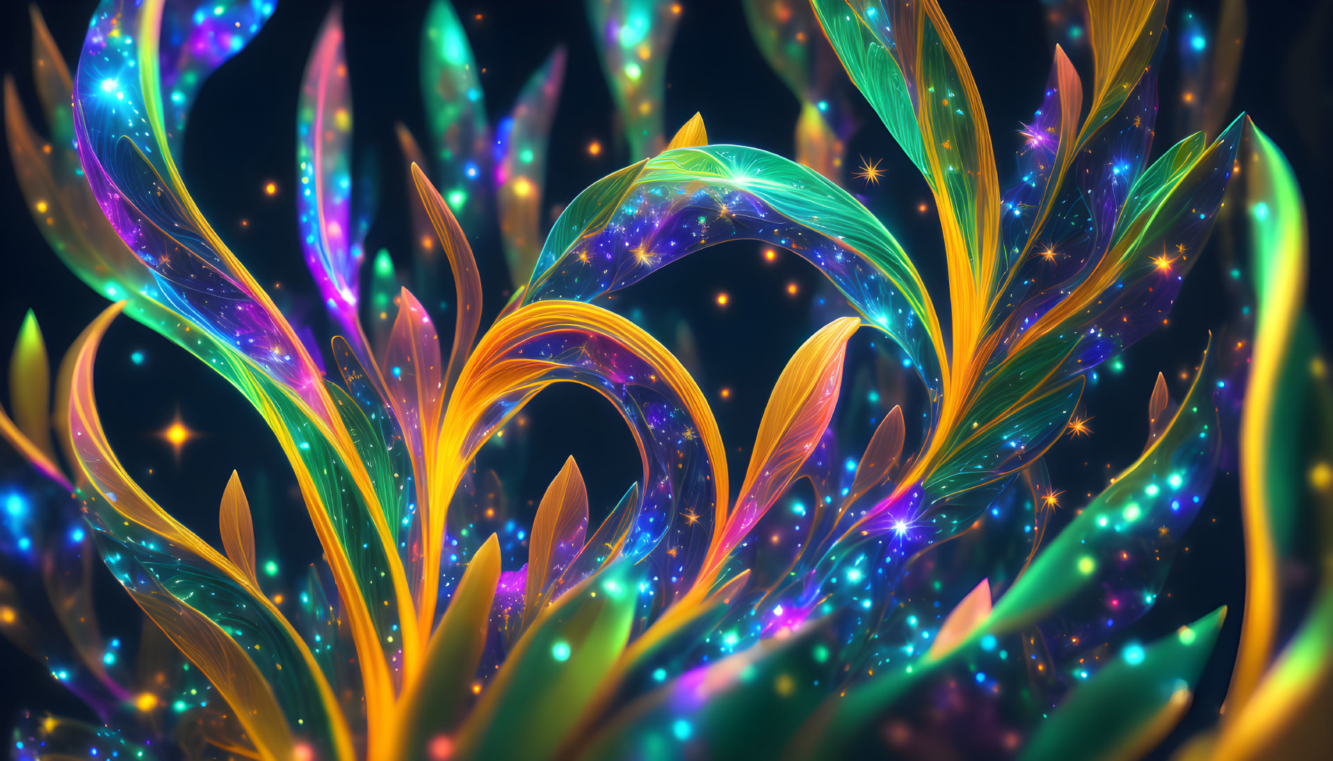 Colorful Abstract Digital Artwork with Neon Swirls on Dark Background