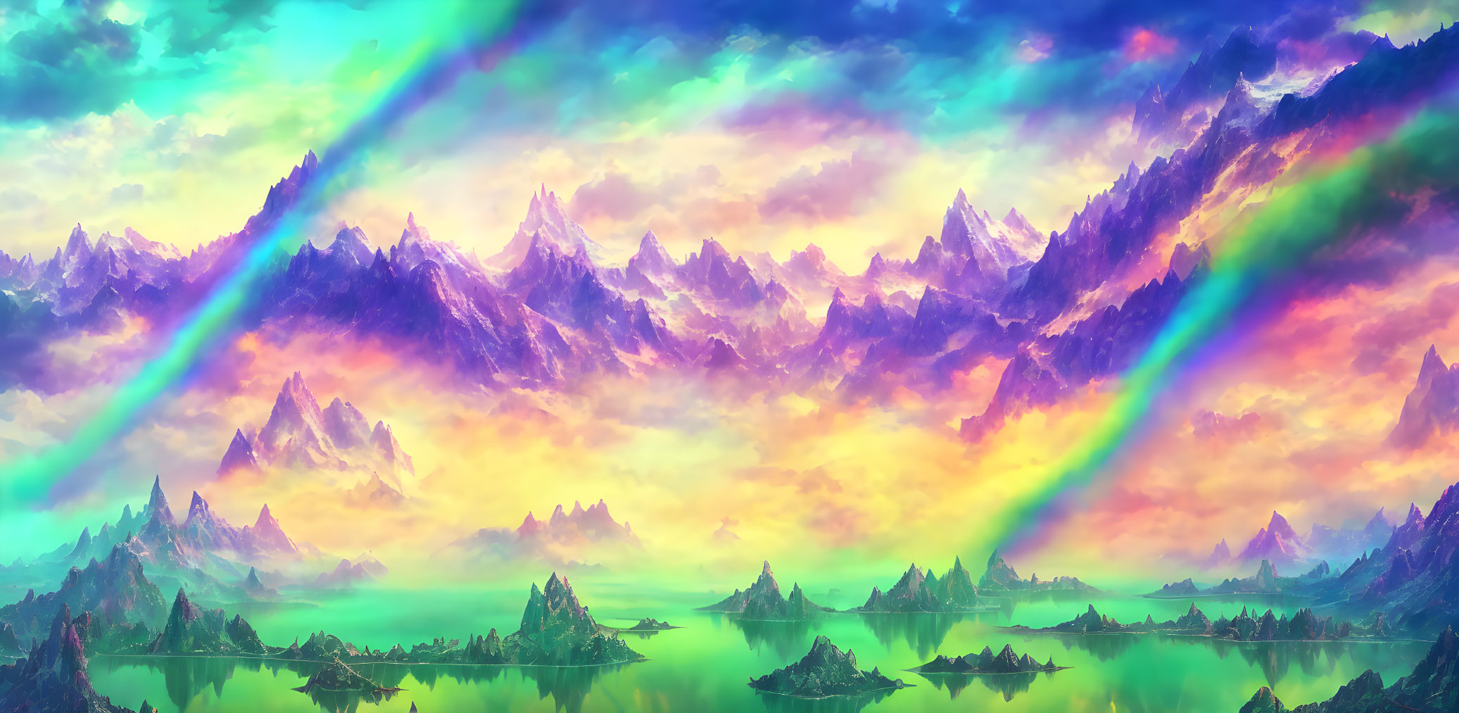 Vibrant digital landscape: Rainbow over lake, mountains, colorful sky