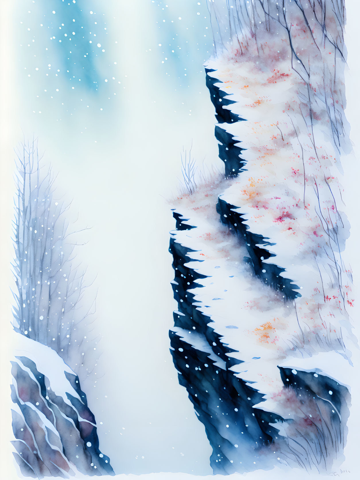 Snowy Landscape Watercolor Painting with Bare Trees & Gentle Snowfall