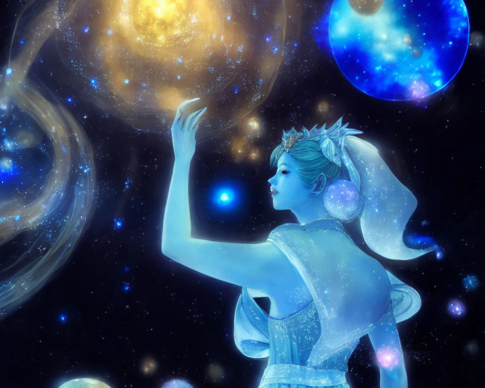 Blue-skinned mystical female figure touches galaxy in cosmic space