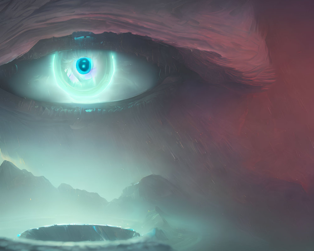 Surreal landscape with giant eye, mountains, and glowing structure