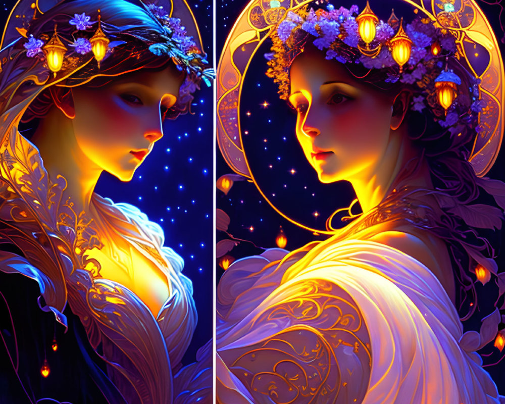 Stylized portraits of women with floral headdresses in blue and orange tones