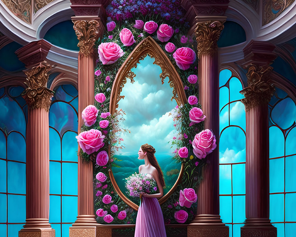 Woman in Purple Gown Reflecting Sky in Oval Mirror in Elegant Hall