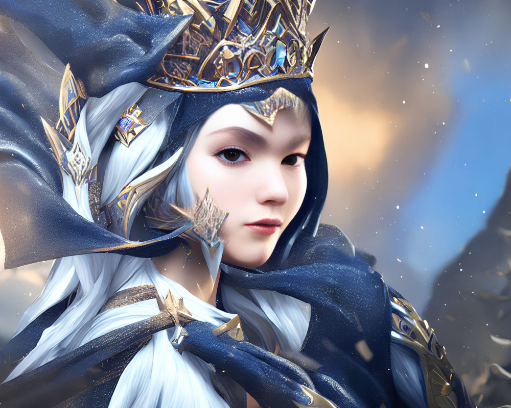 Regal female character with golden crown and blue robes