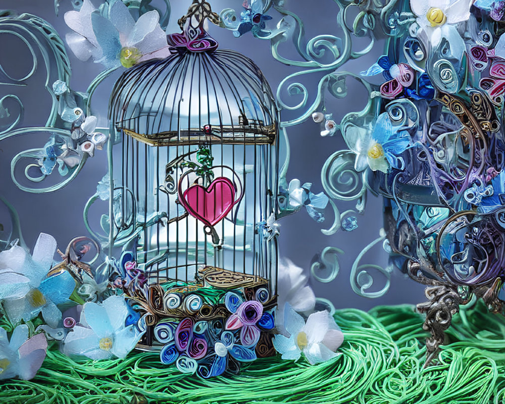 Colorful birdcage with heart, floral quilled paper designs on textured backdrop