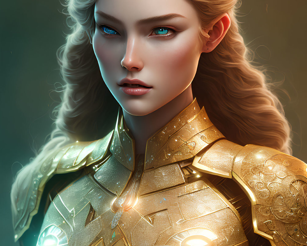 Digital artwork: Woman in golden armor with blue eyes and blonde hair