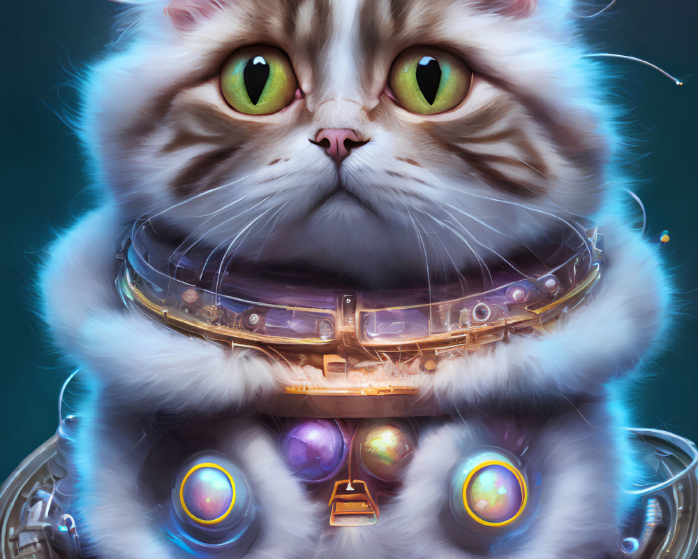 Detailed illustration of fluffy grey and white cat with futuristic glowing collar