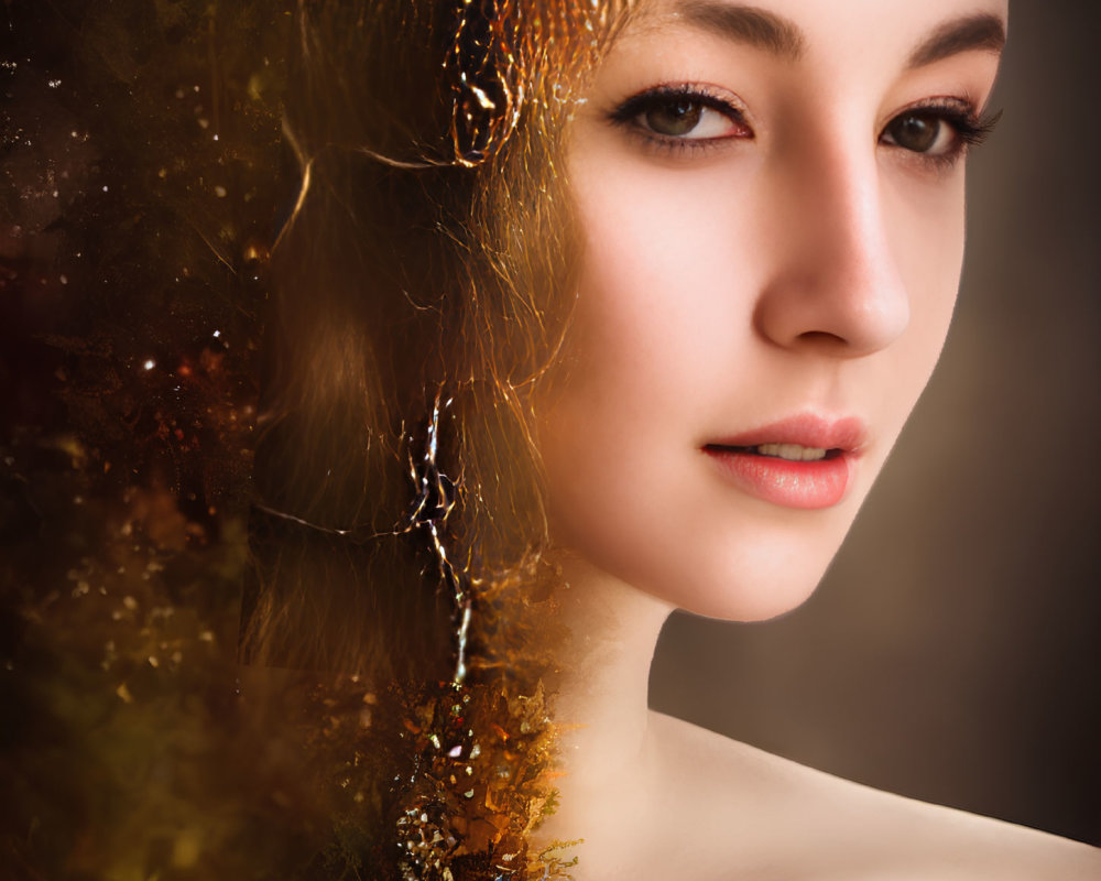 Portrait of Woman with Autumn Leaves Fusion and Elegant Jewelry