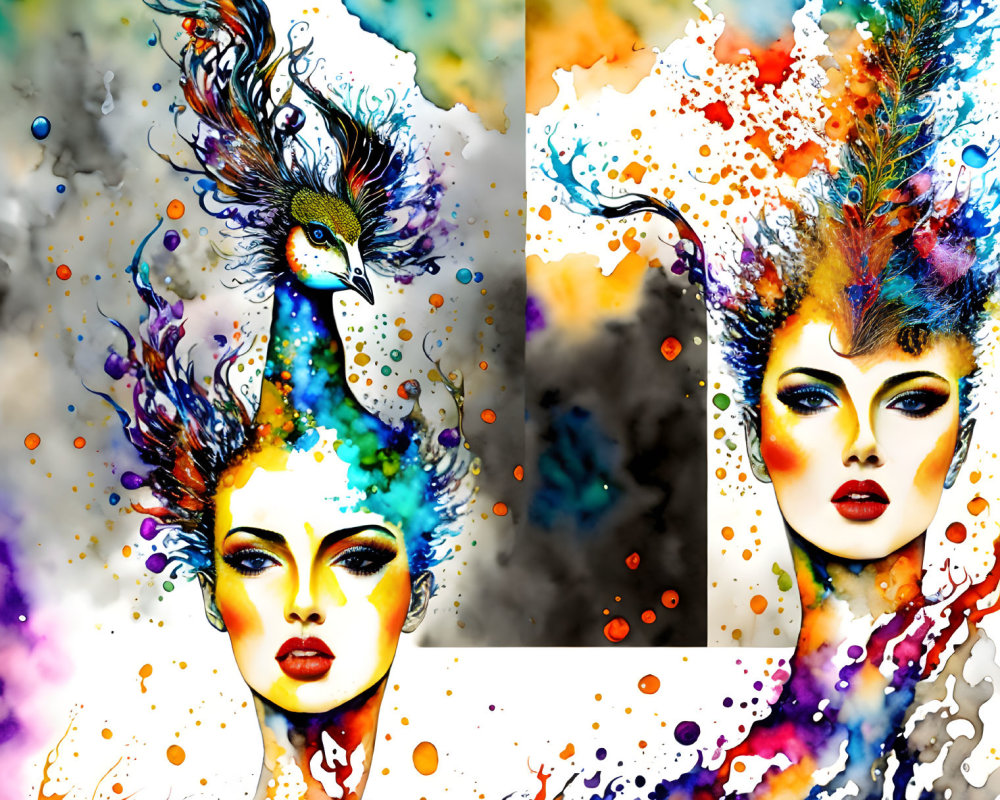 Colorful Watercolor Art: Peacock & Female Figure with Feather Headwear