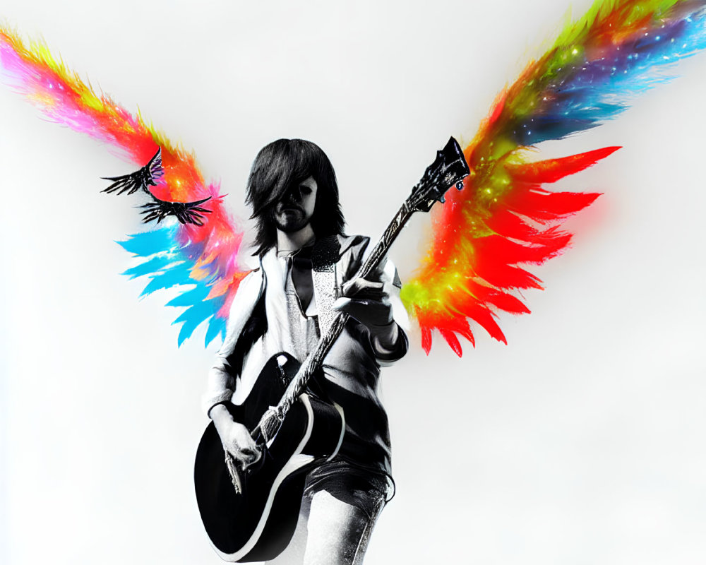 Musician with Guitar Poses with Colorful Wings in Dynamic Image