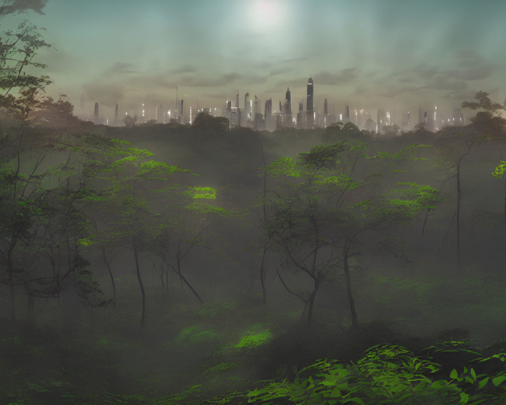 Lush Green Forest with Futuristic Cityscape at Dusk