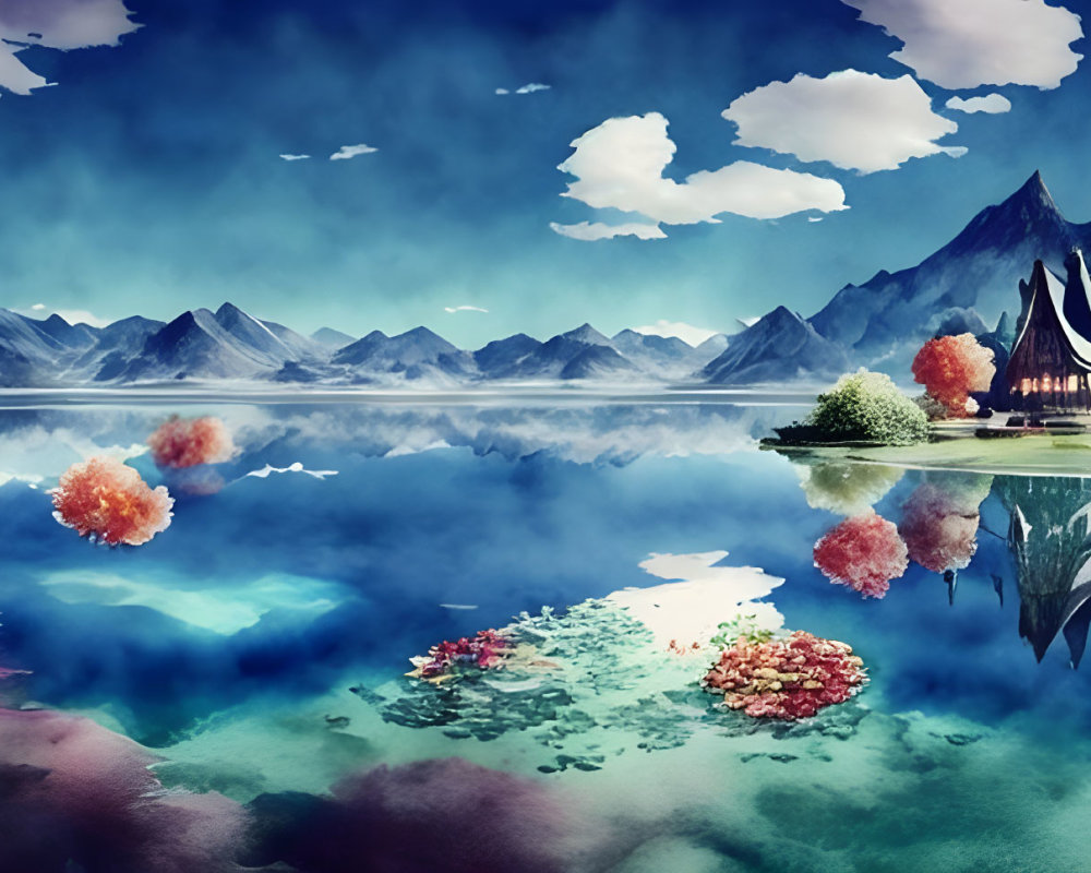 Tranquil landscape with blue waters, mountain peaks, colorful flora, and sailboat-like structure