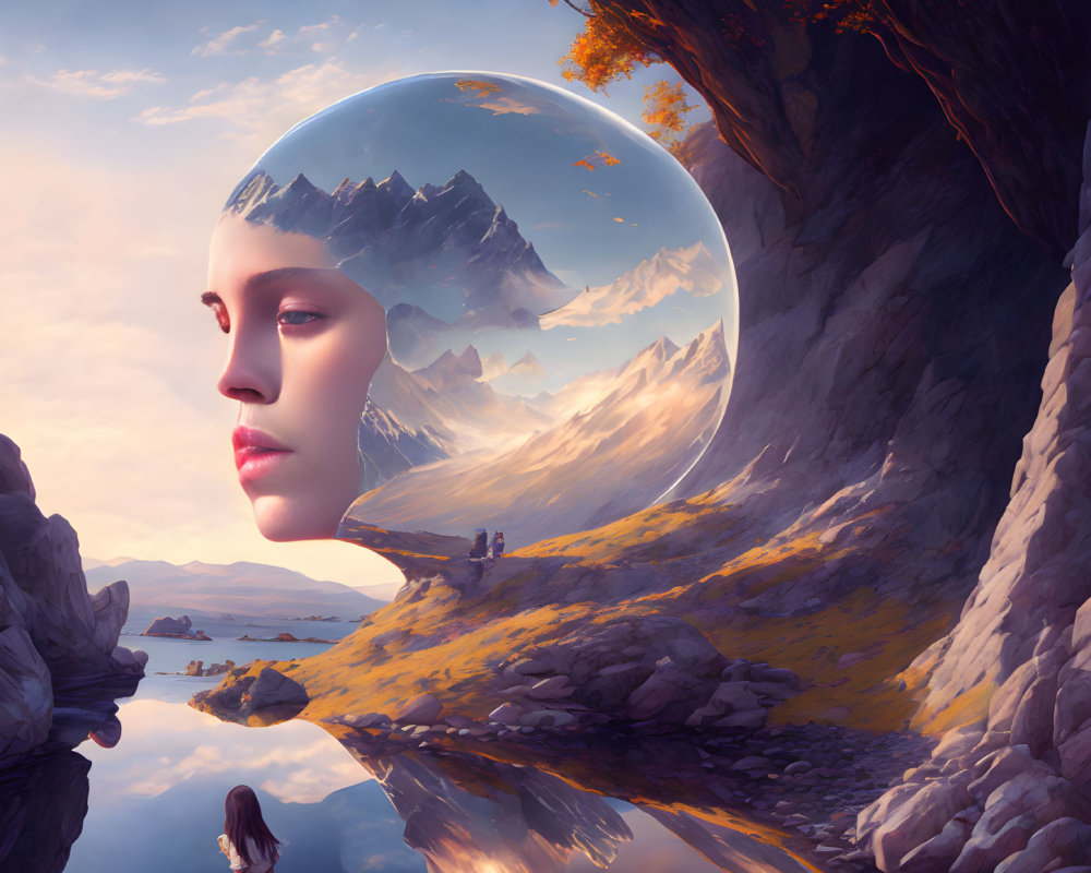 Surreal landscape with giant female face, snowy mountains, autumn trees, reflective lake, and small