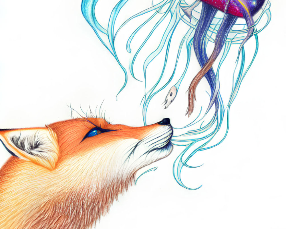 Colorful illustration of a red fox and cosmic jellyfish.