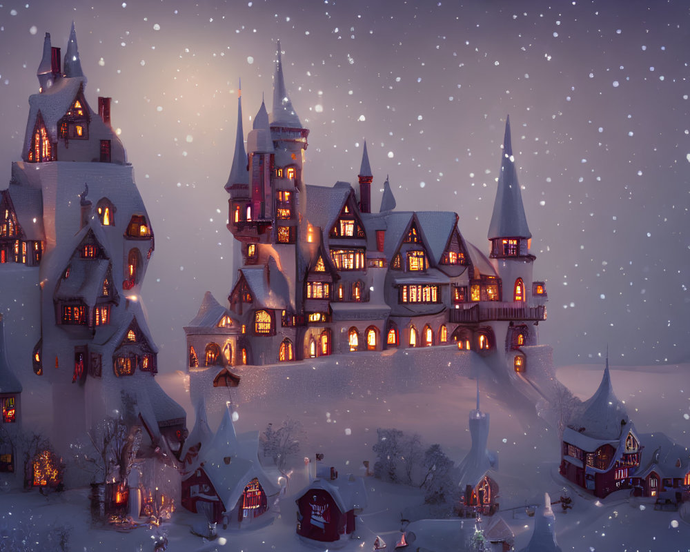 Snowy Dusk Scene: Large Illuminated Castle Among Small Houses