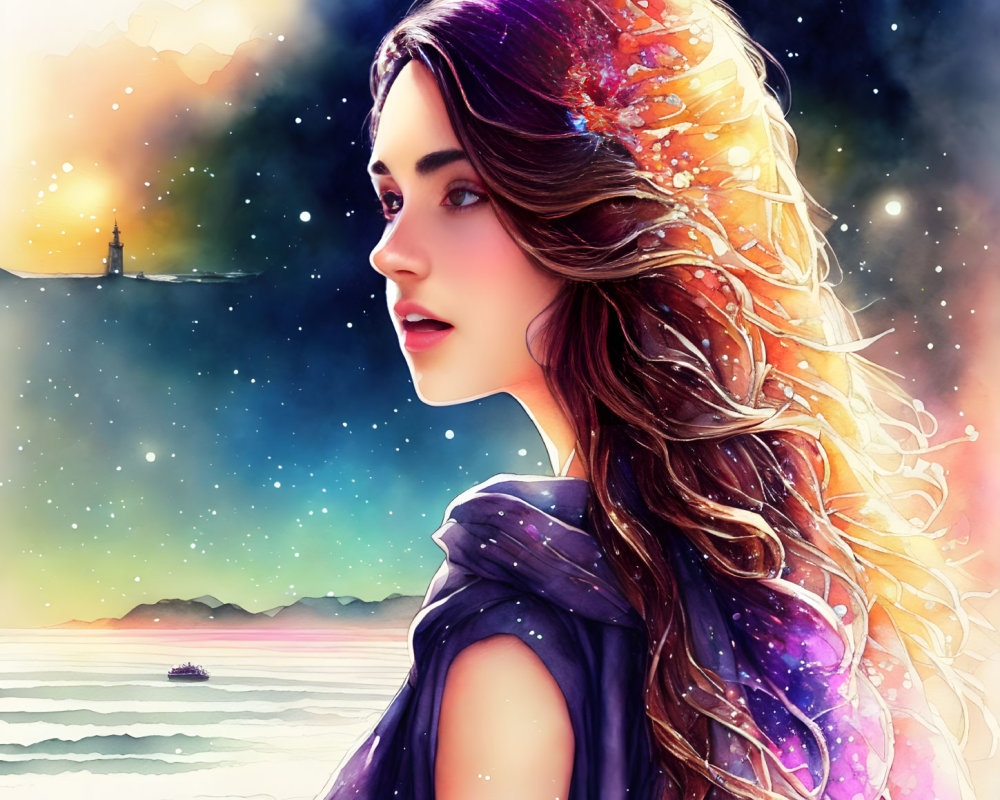 Digital art: Woman with cosmic hair in starry sky backdrop