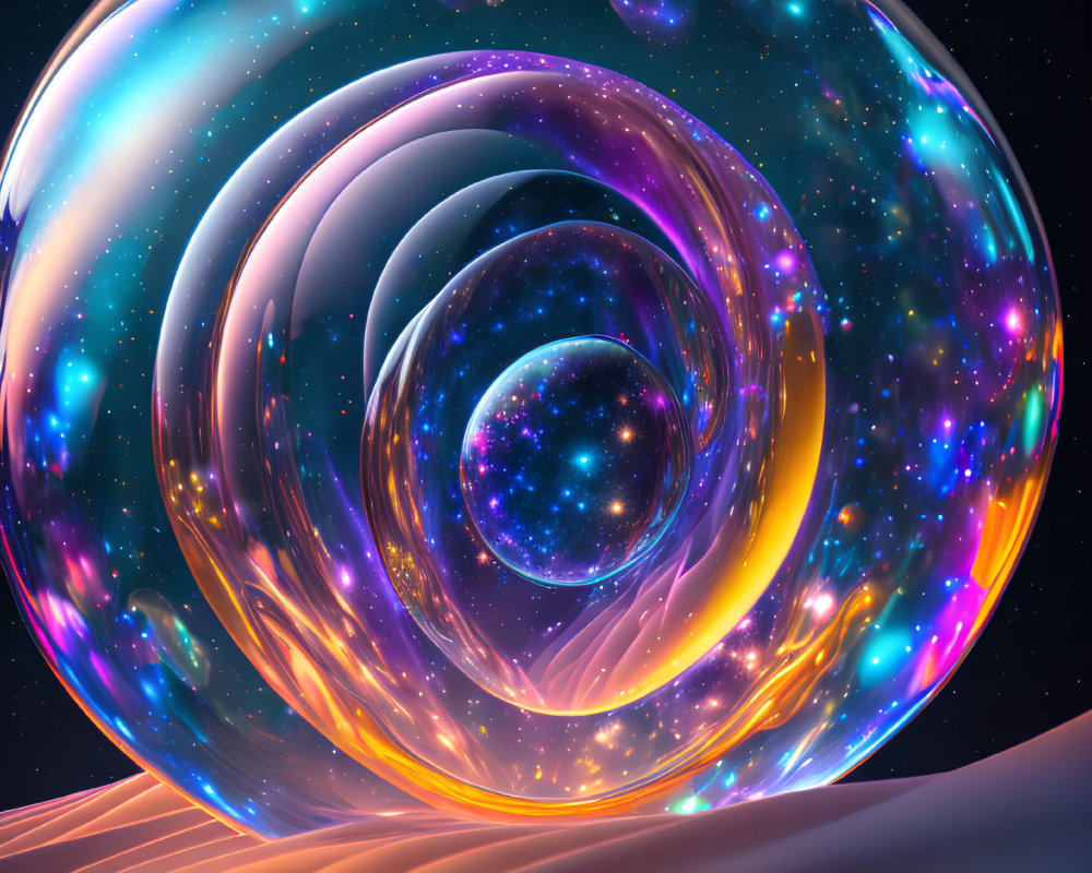 Colorful digital art: translucent cosmic bubbles and swirling vortex in starry space.